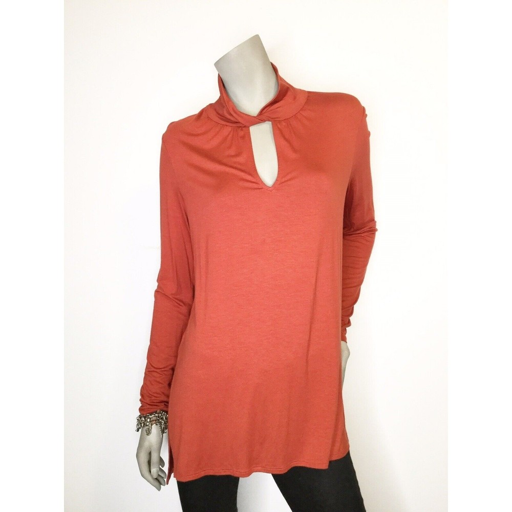 Ella Moss Small Keyhole High Neckline Mock Turtleneck Pumpkin Long Sleeve Top